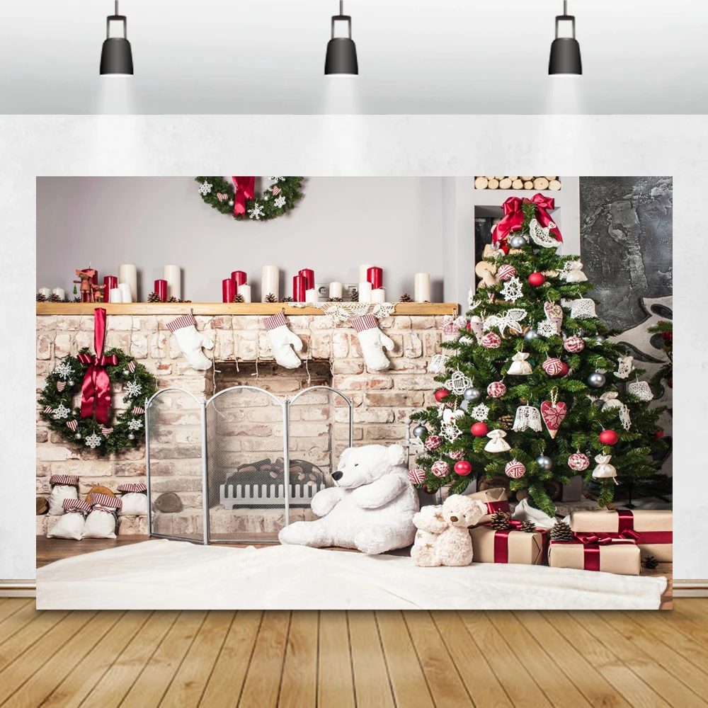 Laeacco-cenários de fotografia de natal, árvore, presente, lareira, urso, vela, foto, fundos, retrato para família, adereços de zona fotográfica