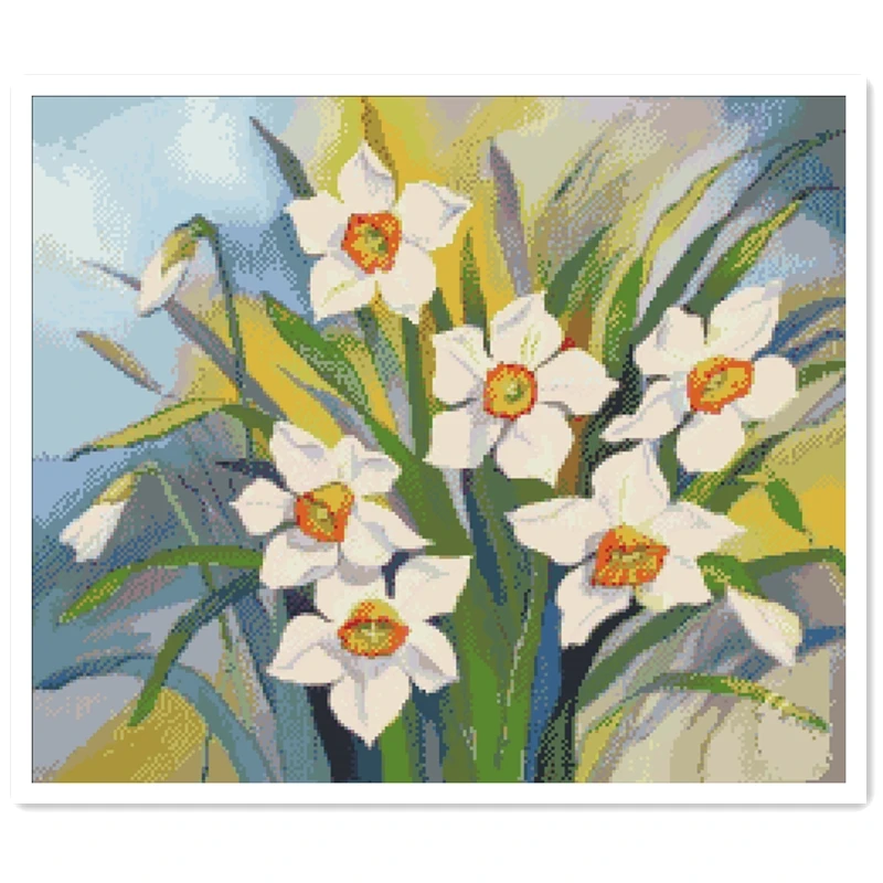 Daffodils cross stitch kit plant white flowers 18ct 14ct 11ct white fabric cotton thread embroidery DIY handmade needlework