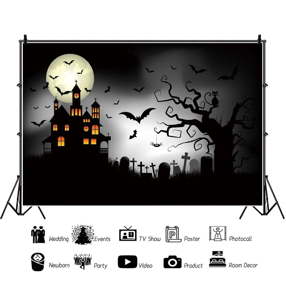 Laeacco Halloween Festival Party Decor Horrible Black Castle Dark Night Bat Forest Background Banner Photography Photo Backdrop