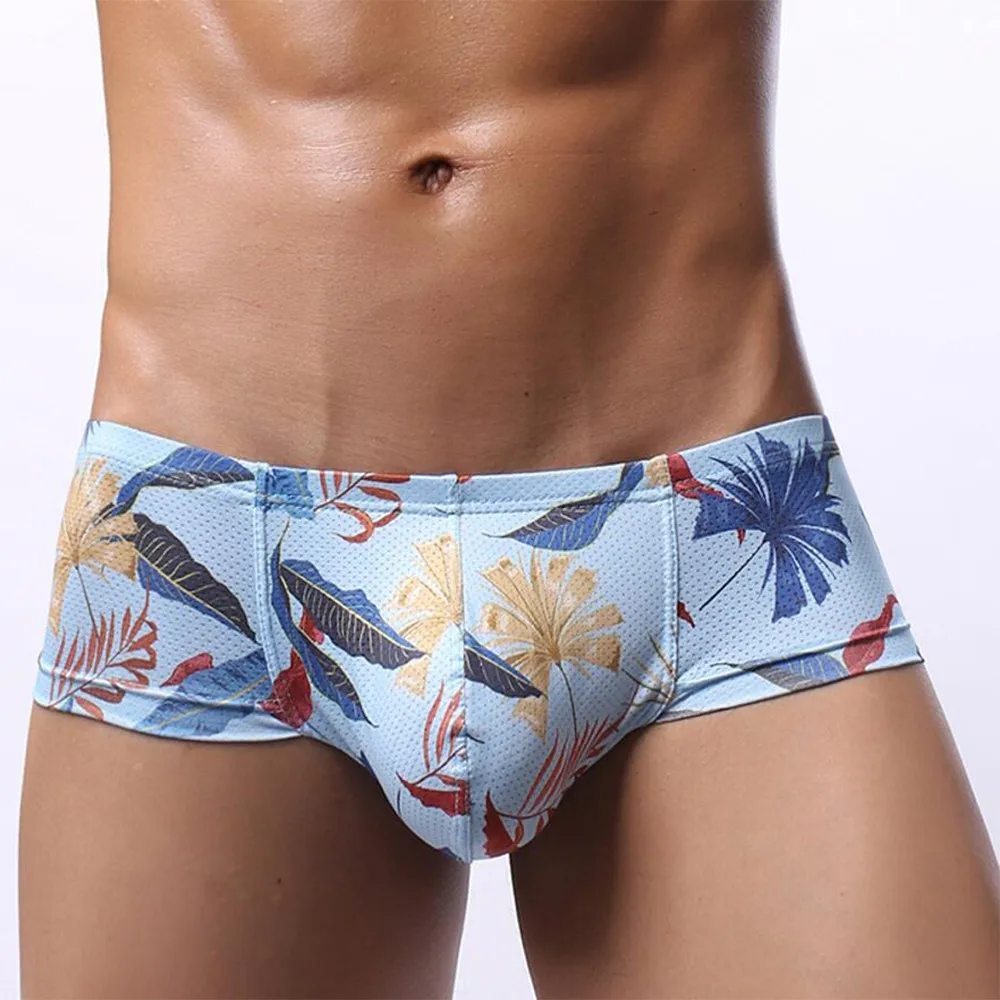 Men Sexy Printed Short Boxers Bulge Pouch Low Rise Underwear Thin Mesh Underpants Casual Swimming Sport Trunks Breathable Thong