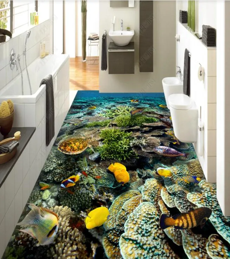 PV Bottom world sea turtle coral seaweed non-slip waterproof self-adhesive 3D floor sticker tiles bathroom 3D wallpaper