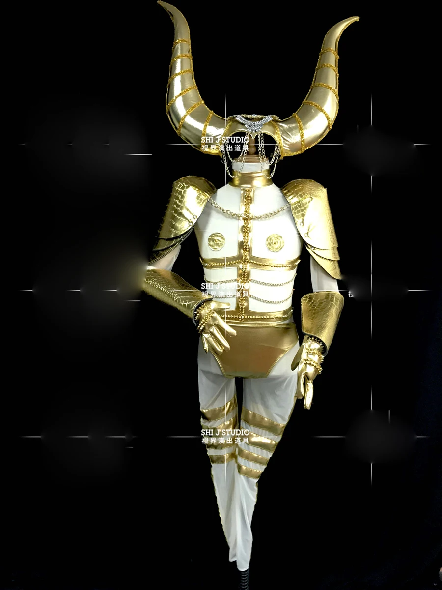 Nightclub bar costumes muscle men gogo golden horns headdress suit men stage armor