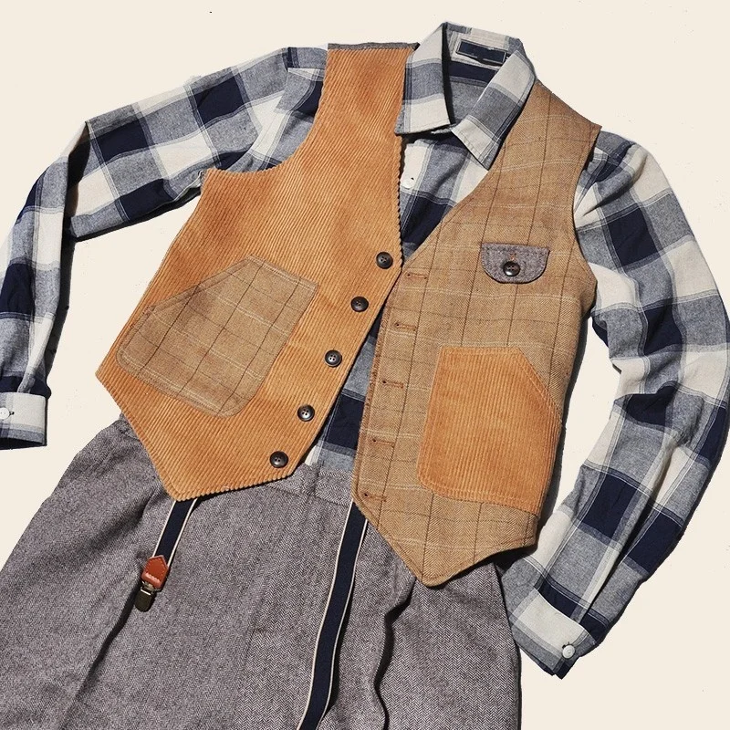 Mens Vintage Corduroy Vest Slim Fit Single Breasted Sleeveless Jacket Patchwork V Neck Man Vests Tops Casual Outwear Waistcoat