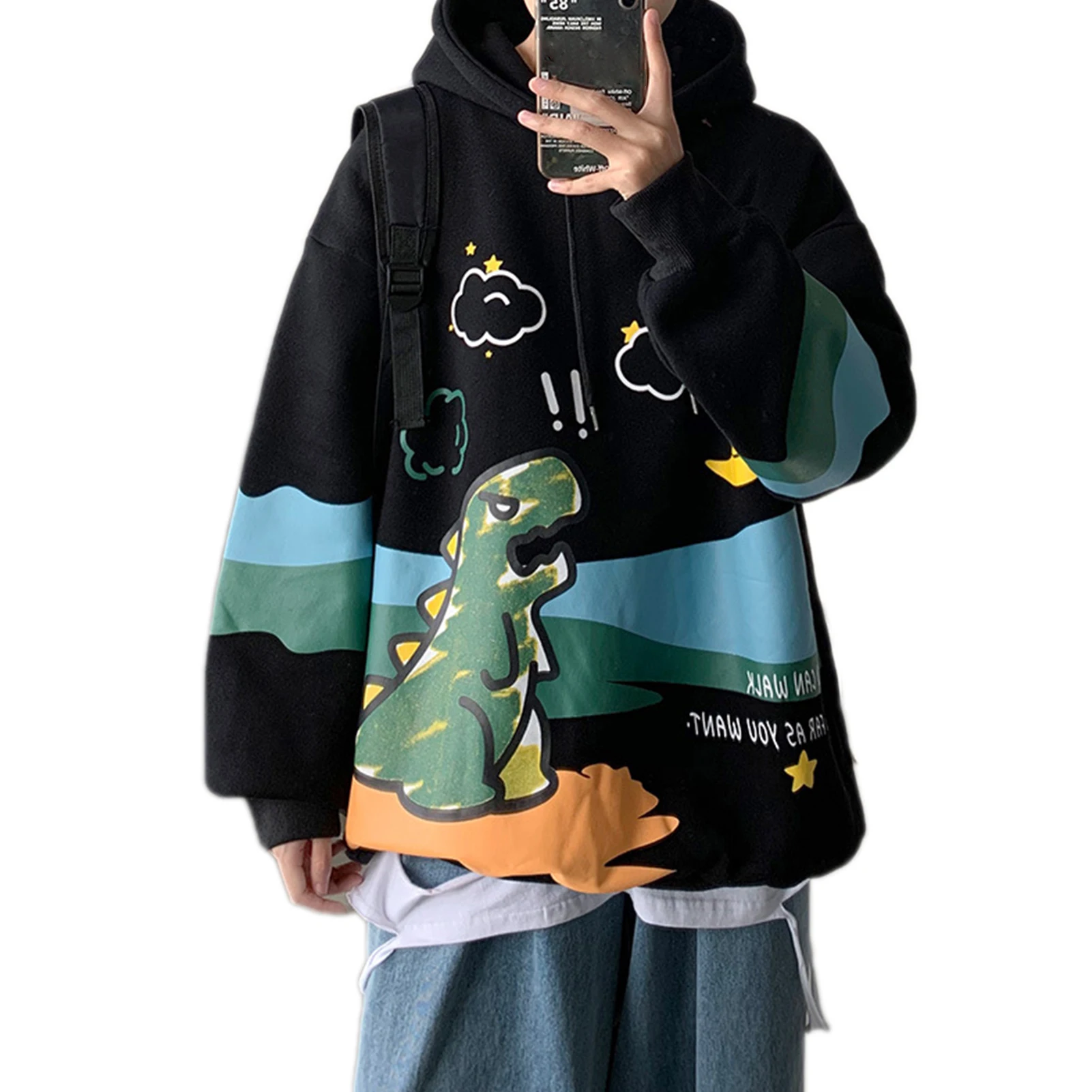 Men Winter Cartoon Dinosaur Print Pullover Long Sleeve Sweatshirt Loose Hoodie