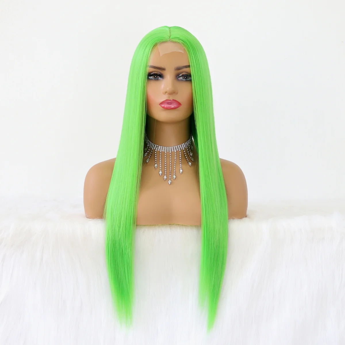 Synthetic Lace Wigs with Natural Hairline Long Straight Hair Lime Green Color Wigs for Fashion Women