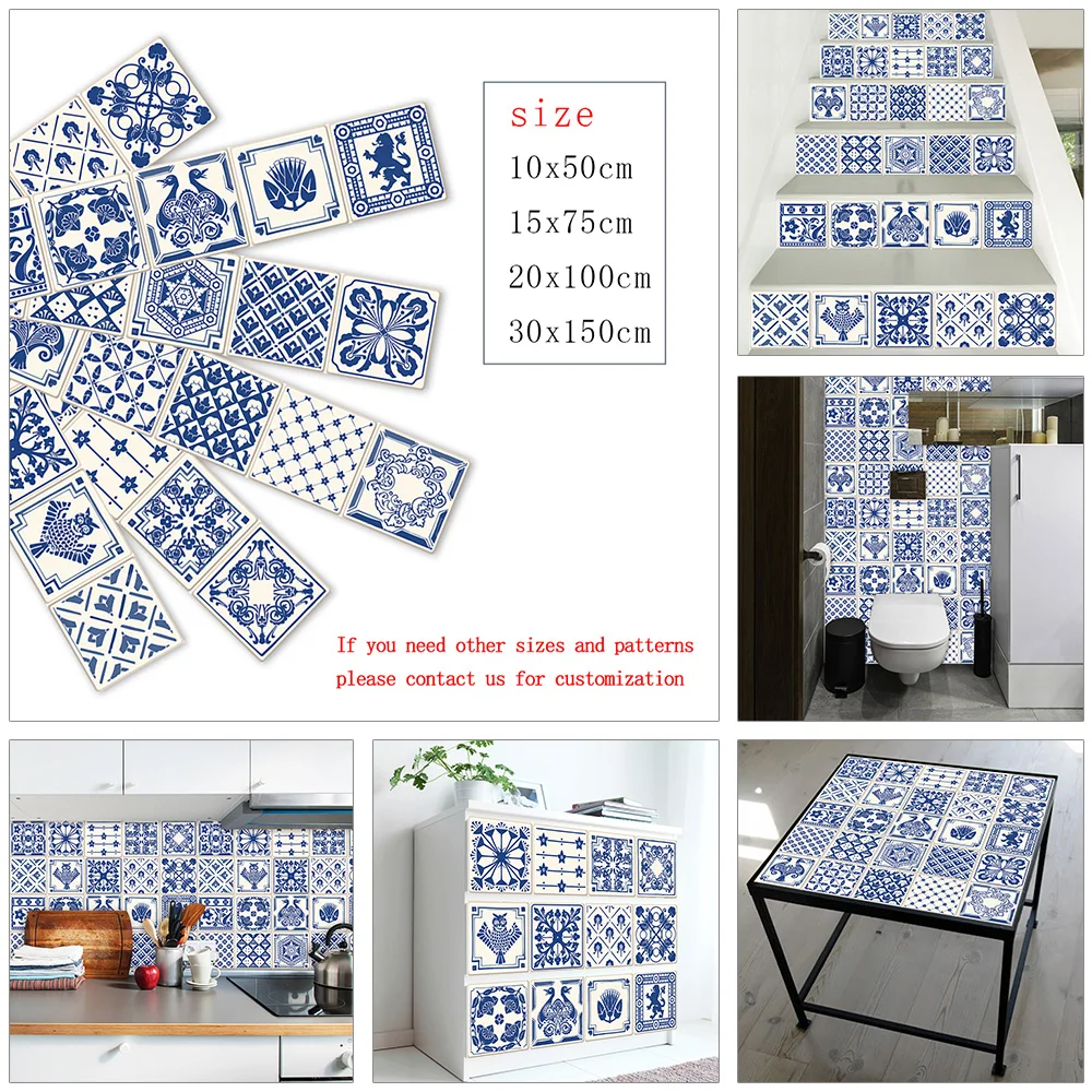 Bohemia Style Blue & Beige Strip Tiles Wall Stickers Bathroom Kitchen Dining Tables Home Decor Wallpaper Vinyl Art Wall Decor