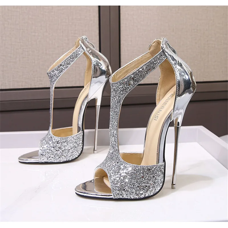 Glittering 16cm Extreme High Heels Sandals Ankle Strap Sexy Pumps Fetish SM Cosplay Show Drag Queen Cross Dresser Unisex Shoes