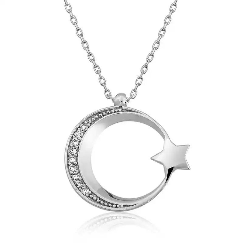 Silver Moon Star Women 'S Necklace Zircon Stone 925 Sterling Women Fine Jewelry Wedding Party Birthday Gift - Box - Pendant - Chain Choker - Female - Ladies - Fashion