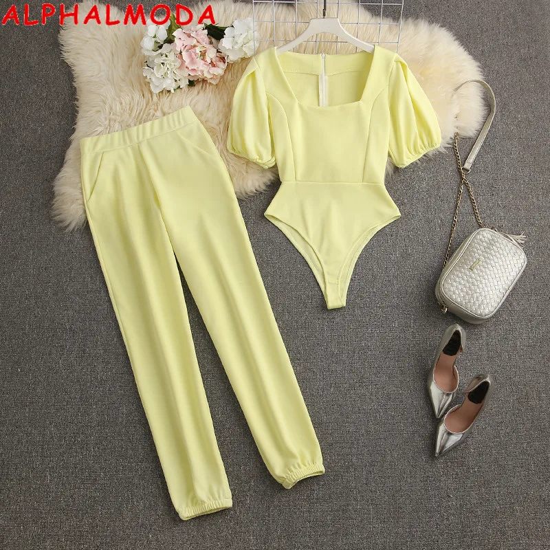 

ALPHALMODA Early Autumn Women Bodysuit + Pants Women Fashion Lounge Wear 2pcs Suits Candy Color Chic Comfy 2pcs Set