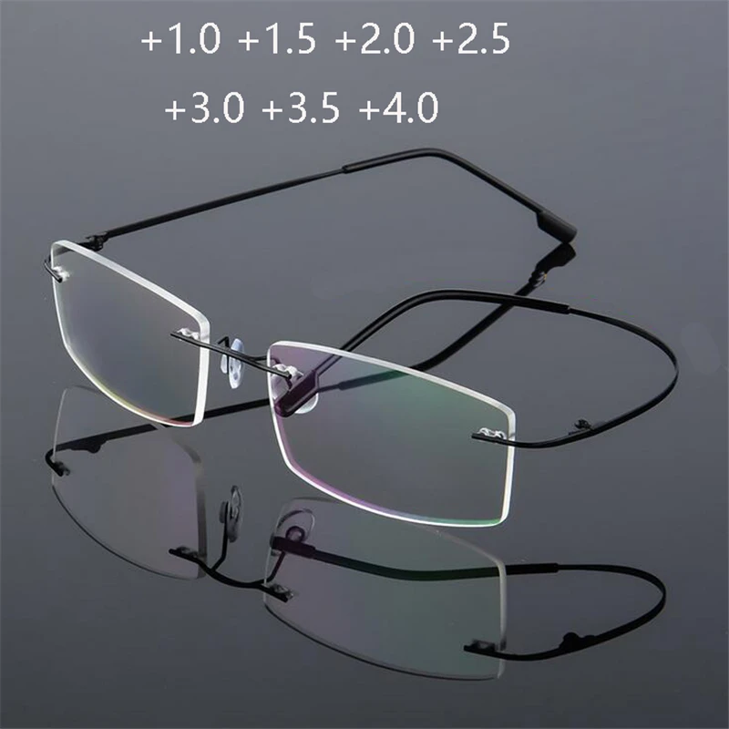 Ultralight TR90 Memory Titanium Rimless Reading Glasses Men&Women Square Presbyopic Eyeglasses Power +1.0 +1.5 +2.0 to+3.5 +4.0