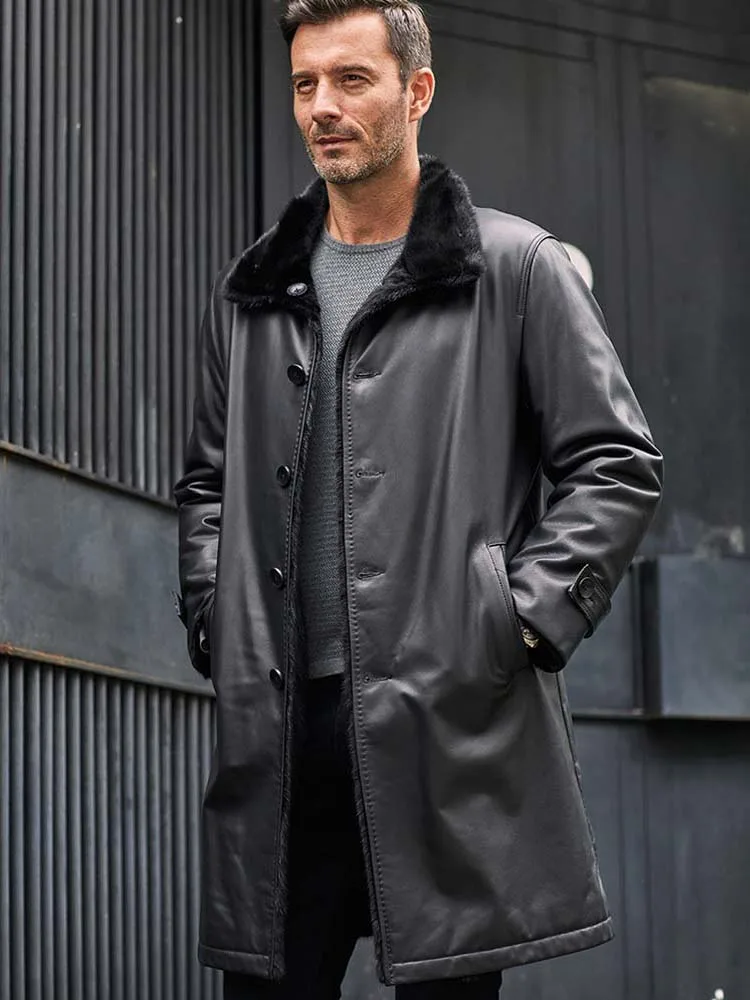 Mens Cowhide Jacket Long Winter Overcoat Double-Sided Mink Fur Coat Black Leather Parkas