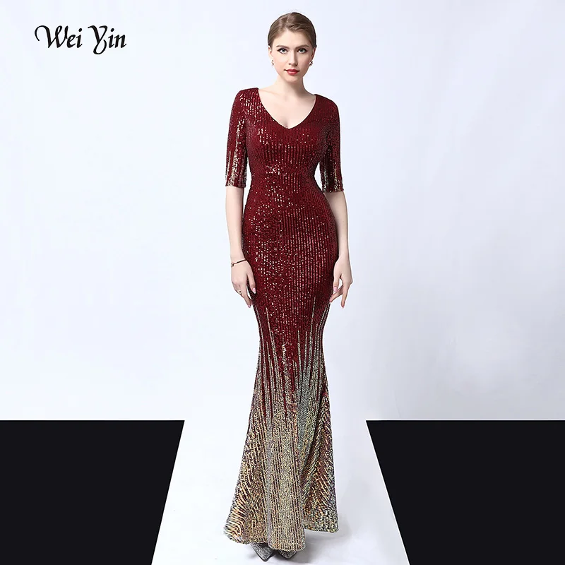 

wei yin AE0341 Luxury Wine Red Mermaid Long Prom Dresses 2023 Sequined Half Sleeve V-Neck Sparkle Sexy Formal Party Dresses