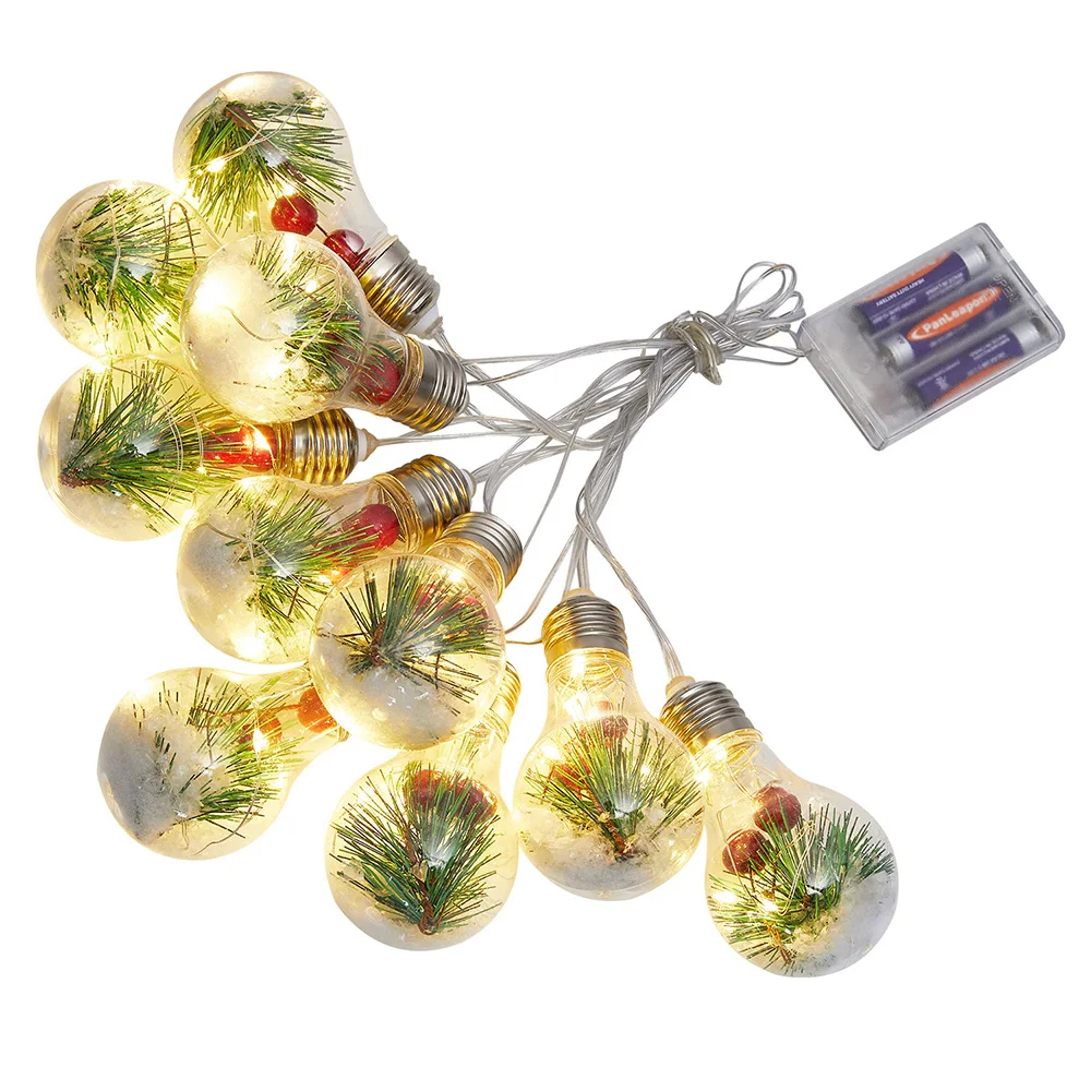 Battery Operated LED Pine Globe String Lights Christmas Decoration 10Bulb Hanging Christmas Lights Red Bead Holiday Fairy Lights