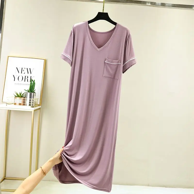 Women Summer Long Nightdress Loose Loungewear Bottoming Night Shirt Pocket Contrast Dress New Short Sleeve Modal Nightgowns