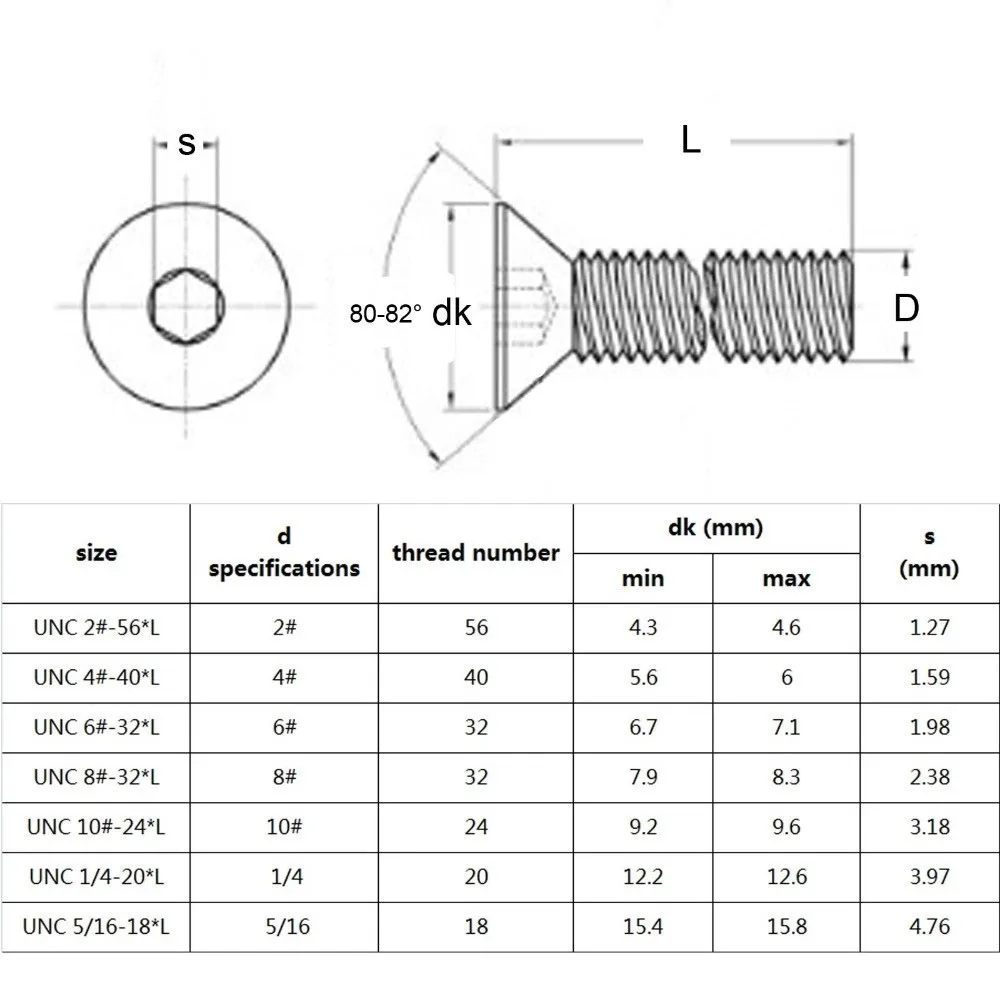 1/50pcs 2 4 6 8 10# 1/4-20 5/16-18 3/8-16 1/2-13 UNC/UNF A2 Stainless Steel Hex Hexagon Socket Flat Countersunk Head Screw Bolt