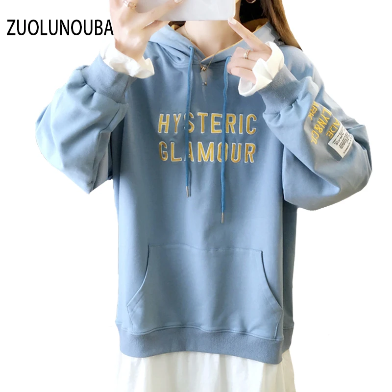 

2020 Autumn Letter Printed Ladies Hoodie Loose Casual All-Match Commuter Fake Two Medium And Long Solid Color Women Sweatshirts