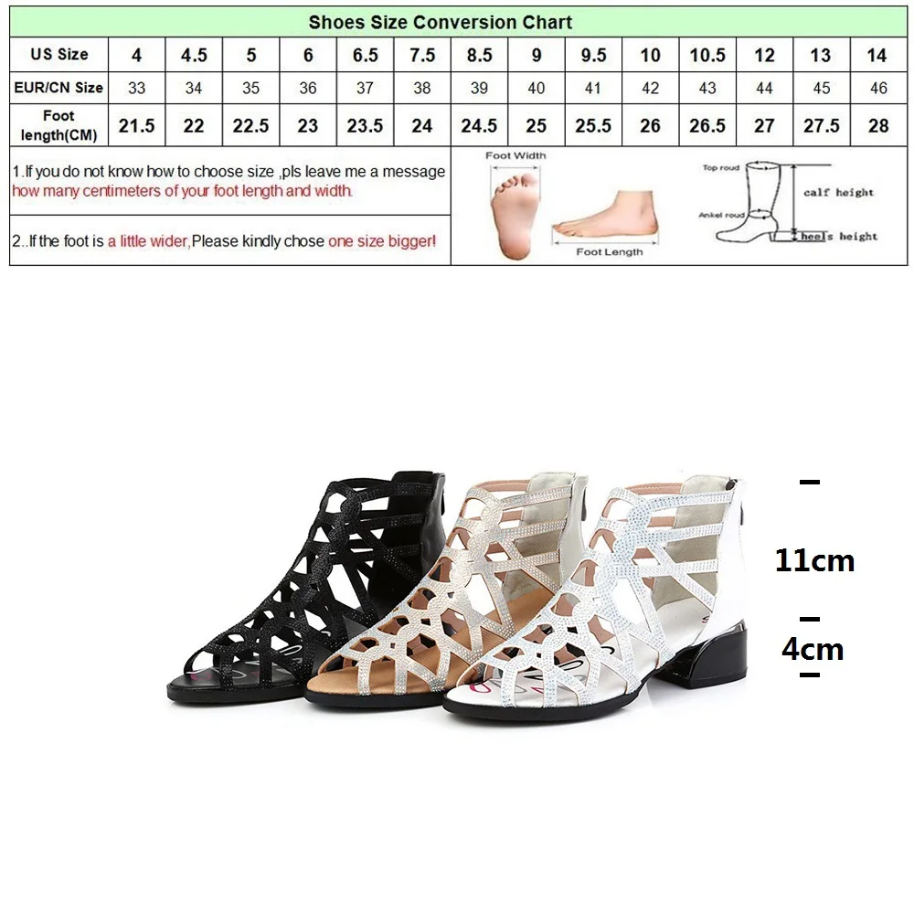 DRFARGO Women Summer Sandals Gladiator Ankle top Back zip Peep toe Bling Crystal Around 4cm Square High Heel Shoes size 32-43