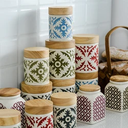 Ceramic Kitchen Jars Wooden Cover Food Container Set Kitchen for Storage and Order Bulk Cereals Organizer Spices Organization