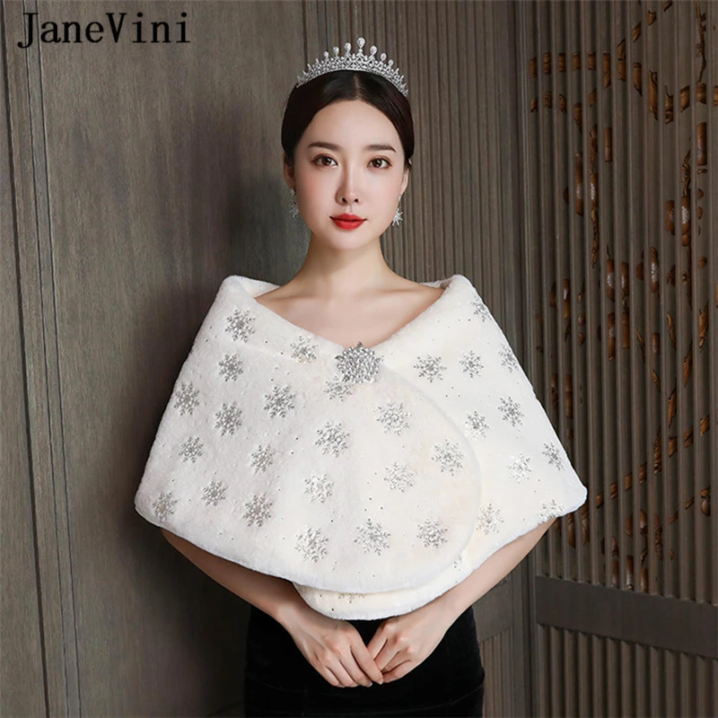 JaneVini New Fashin Women Wedding Jackets 2019 Faux Fur Shawls and Wraps Winter Warm Bridal Cape Fur Cloak Wedding Accessories