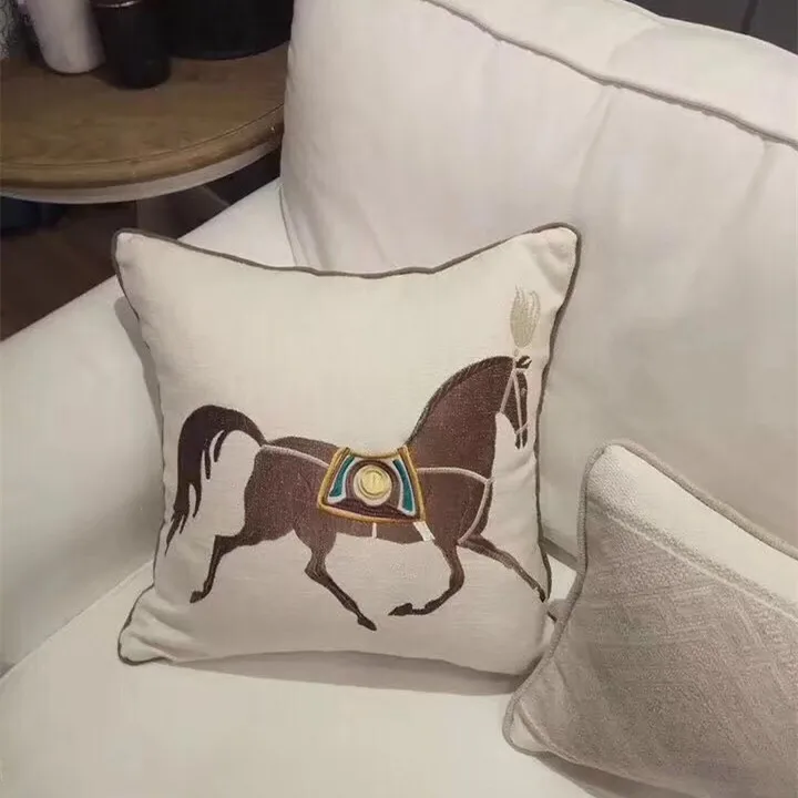 

Modern Cotton Embroidery Horse Luxury Decorative Pillow Case White Canvas Sofa Chair Cushion Cover 45x45cm 1pc/lot