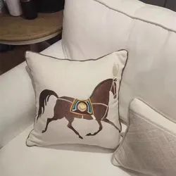 Modern Cotton Embroidery Horse Luxury Decorative Pillow Case White Canvas Sofa Chair Cushion Cover 45x45cm 1pc/lot