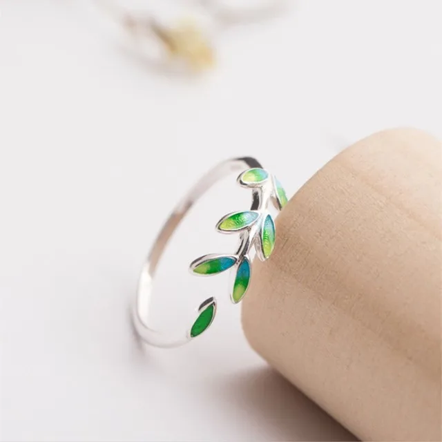 Anelli di apertura ridimensionabili alla moda femminili alla moda in argento Sterling 925 con temperamento creativo fatto a mano in foglia verde