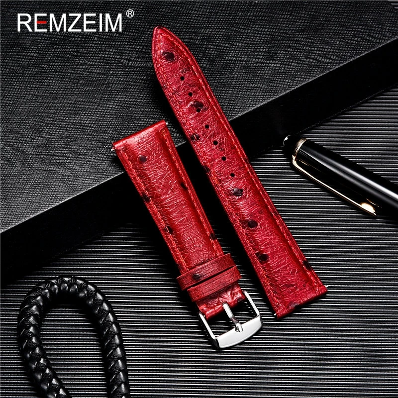 REMZEIM Ostrich Pattern Leather Watchbands Bracelet Black Blue Red Brown Watch Strap For Women Men 18 20 22mm Wrist Band