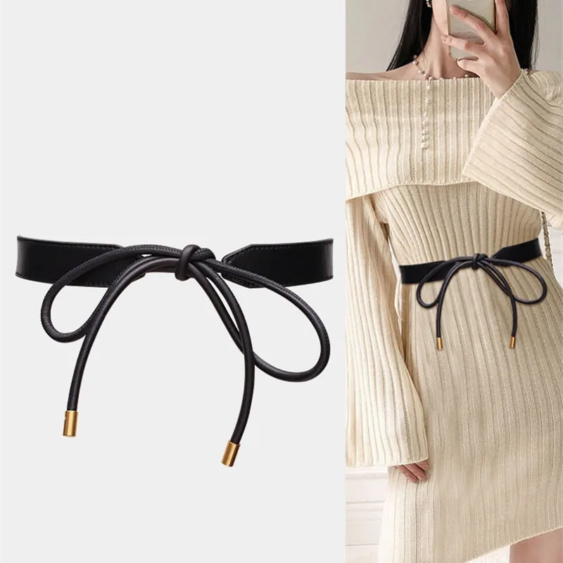 Plus ยาวเข็มขัดสำหรับชุดผู้หญิงสีดำ Knotted Cummerbunds แฟชั่นสาวตกแต่ง HOT Soft PU หนัง Waistbands เสื้อกระโปรง