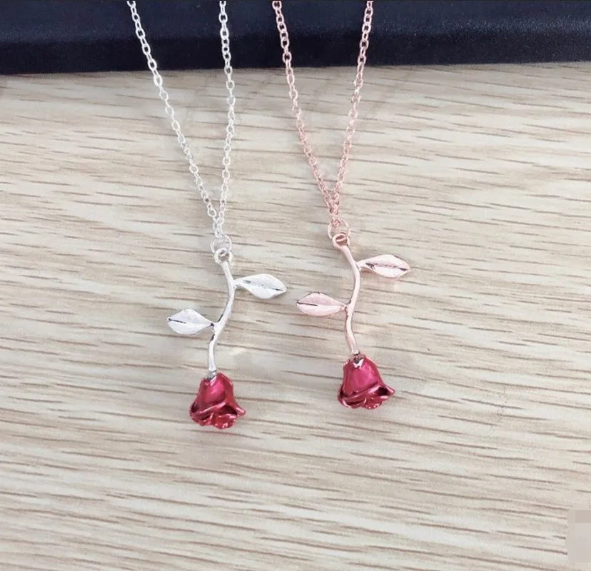 New Jewelry Creative Drop Oil Red Rose Pendant Necklace Women Copper Alloy Pendant Necklaces Chain Necklace