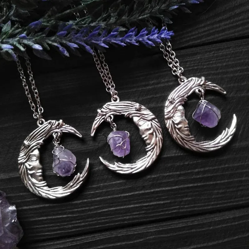 New Purple Crystal Moon Necklace Crescent Moon Jewelry Gothic Stone Pendant Witch Statement Retro Rock Classics Charm Women Gift