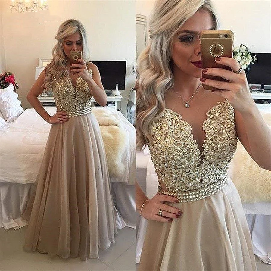 Chiffon Beaded Lace Applique Long Prom Dress Sheer Back Sleeveless Formal Gown O-Neck Floor Length Evening Dresses