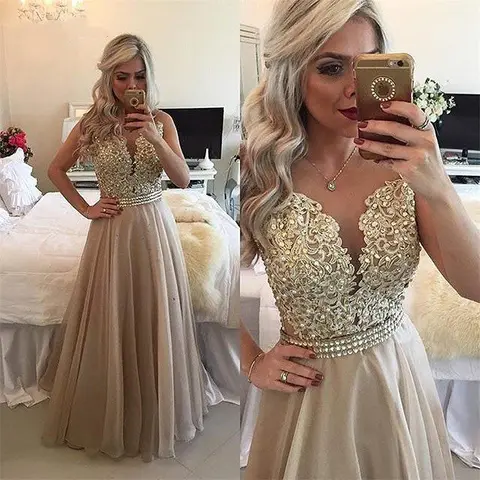 Chiffon Beaded Lace Prom Dress Long Evening Gown MONAYARN