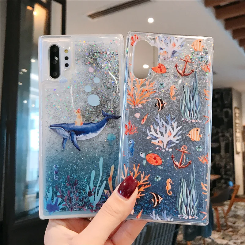 for Samsung Galaxy Note 10 Plus 5G Note10 9 8 S10 Plus S9 S8 A50 A70 Case Quicksand Glitter Coral Ocean Shockproof Cover Funda