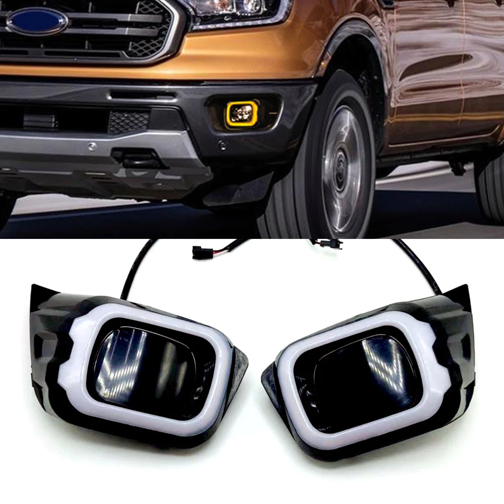 2PCS LED Car DRL Daytime Running Light driving fog lamp with Turning Yellow Signal For Ford Ranger T8 2019 2020 2021 2022