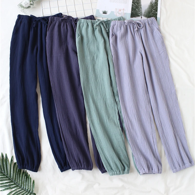 NHKDSASA Japanese Pajamas Men And Women Home Pants Cotton Washed Double Gauze Loose Comfortable Trousers Casual Pants