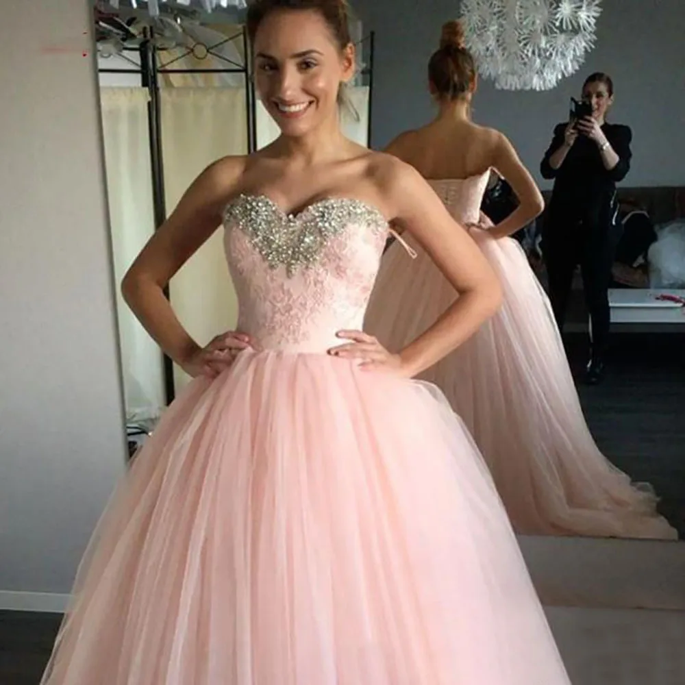 

Luxury Crystals Pink Ball Gown Quinceanera Dresses Tulle Debutante Sweet 16 Prom Dresses vestidos de anos Evening Party Dress