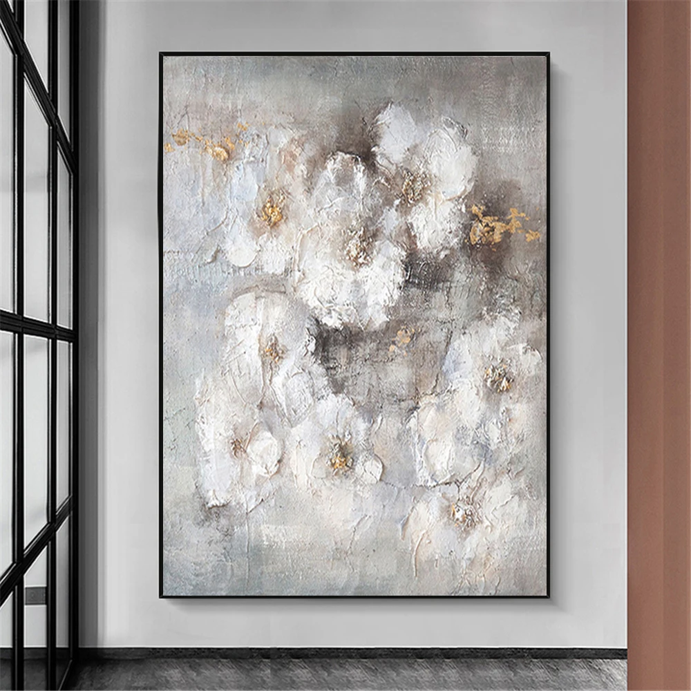 

Handmade Modern Abstract White Texture Petals Floral Picture Oil Painting On Canvas Flowers Wall Art For Living Room As Gift