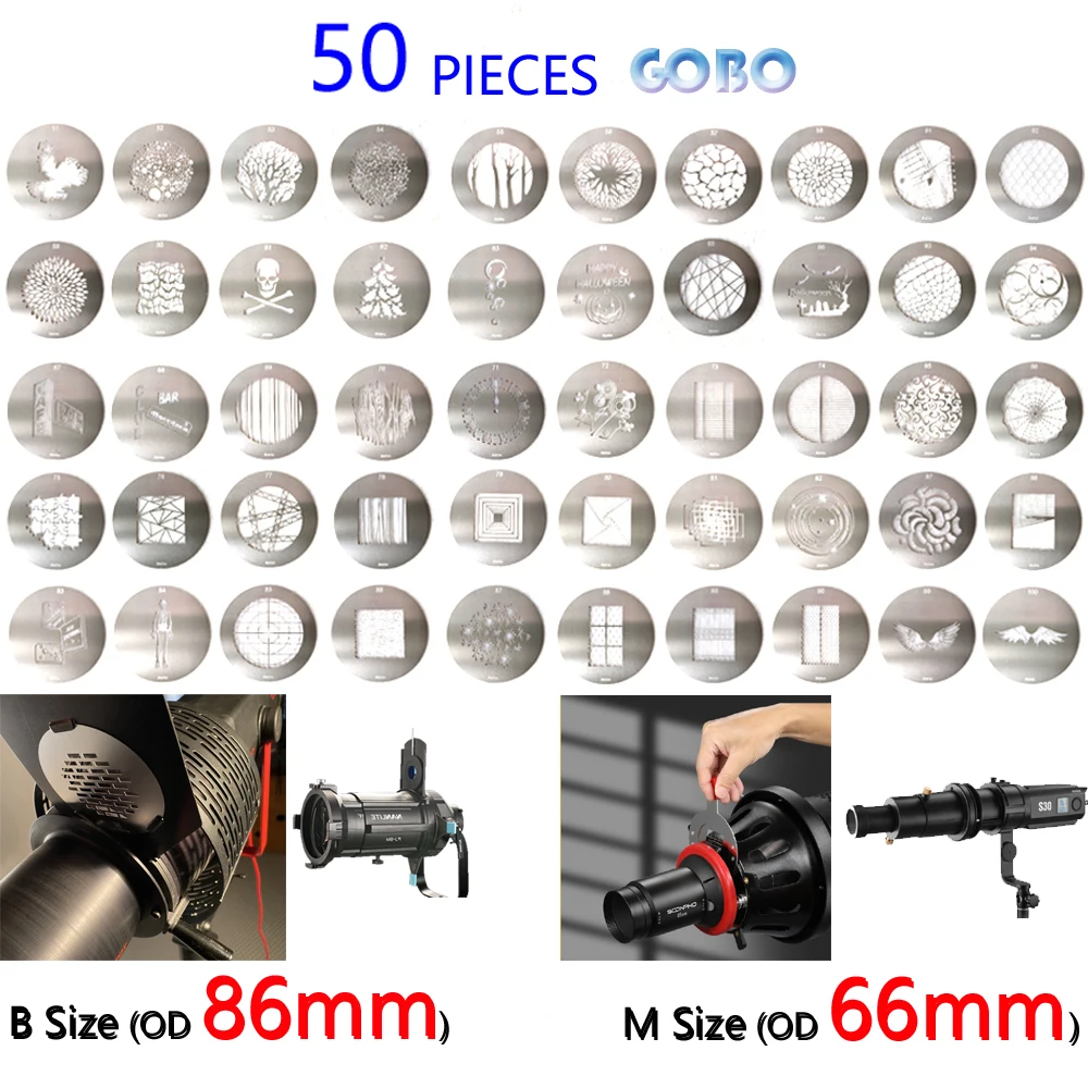 

50PCS B SIZE & M Size 66mm Diameter 86mm 100 Pattern Photography Large GOBO Stainless Steel Mask SA-P OT1 SportLight PJ-BM-19/36