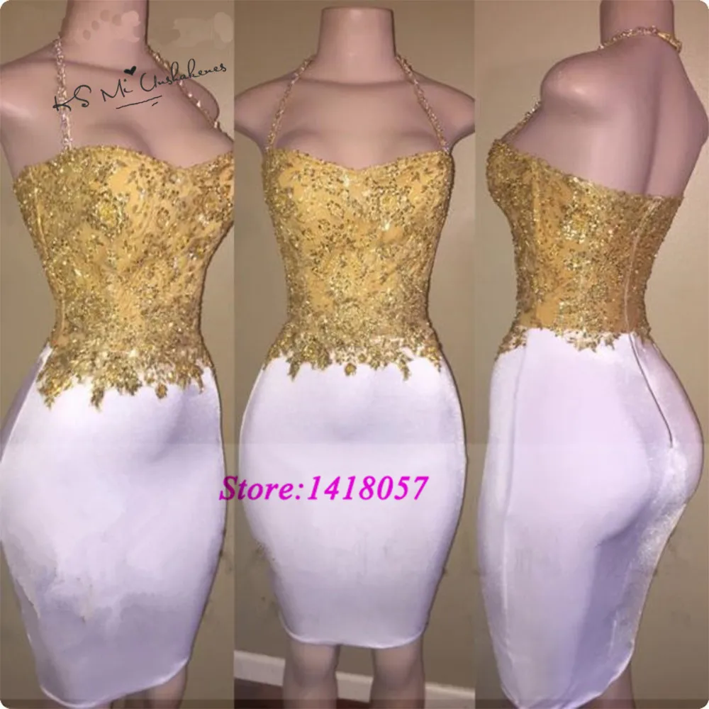 

Vestido de Cocktail Party Dresses Short Gold Lace Applique White Sheath Halter Knee Length Mini Graduation Homecoming Dress 2020