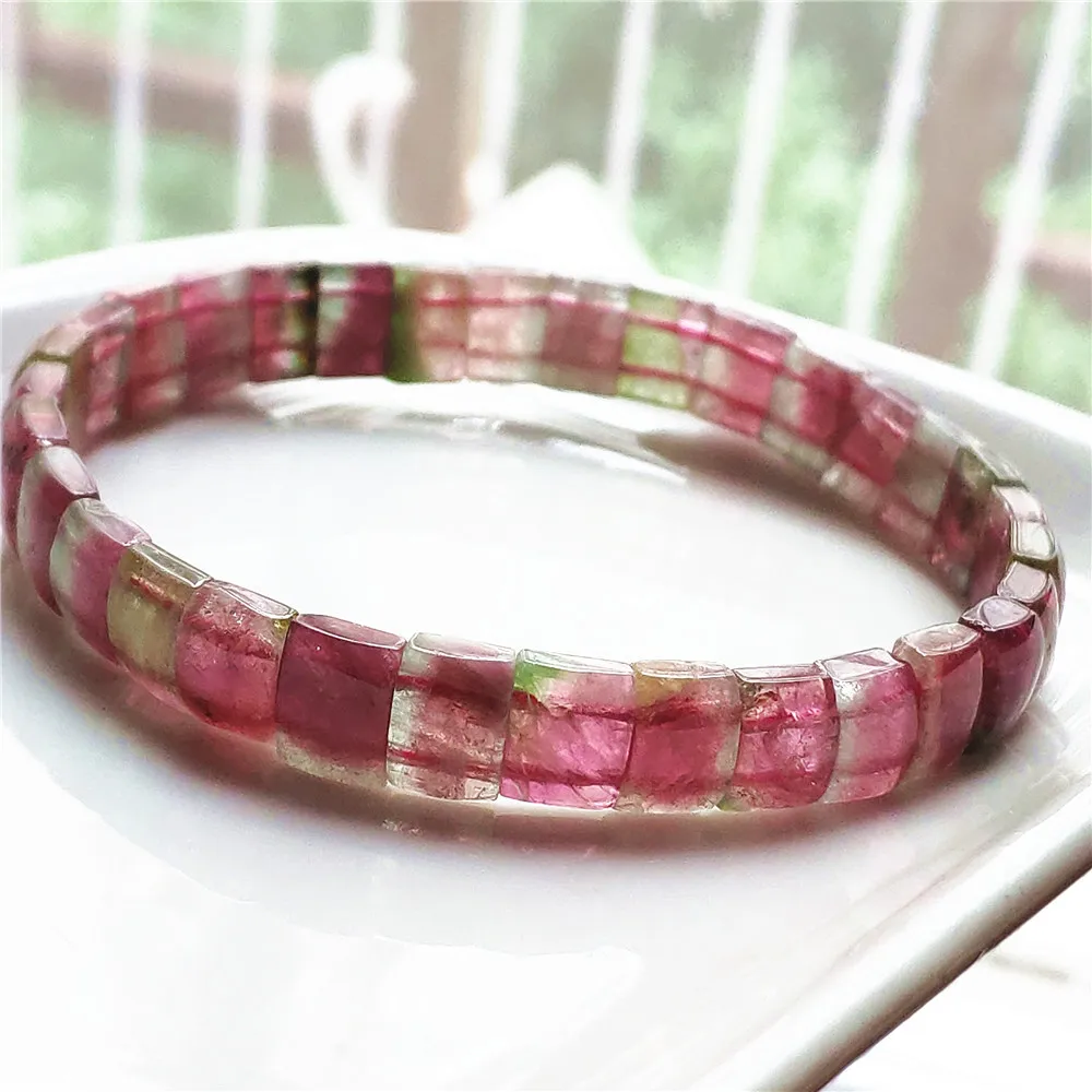 Natural Colorful Tourmaline Bracelet Bangle 8x6mm Clear Beads Rectangle Watermelon Tourmaline For Women Men AAAAA