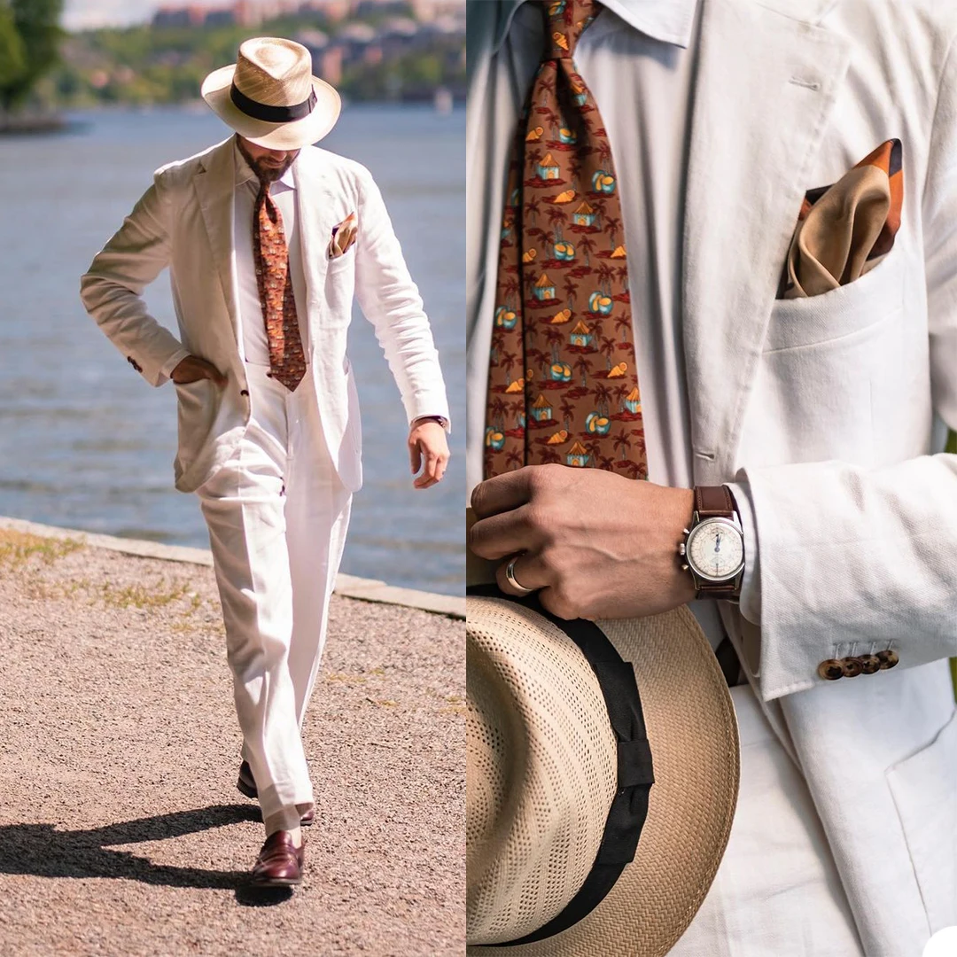 

Handsome Summer Men Blazer Suits Vintage Linen Casual Single Breasted Custom Made White Tuxedos Beach Streetwear Jacket