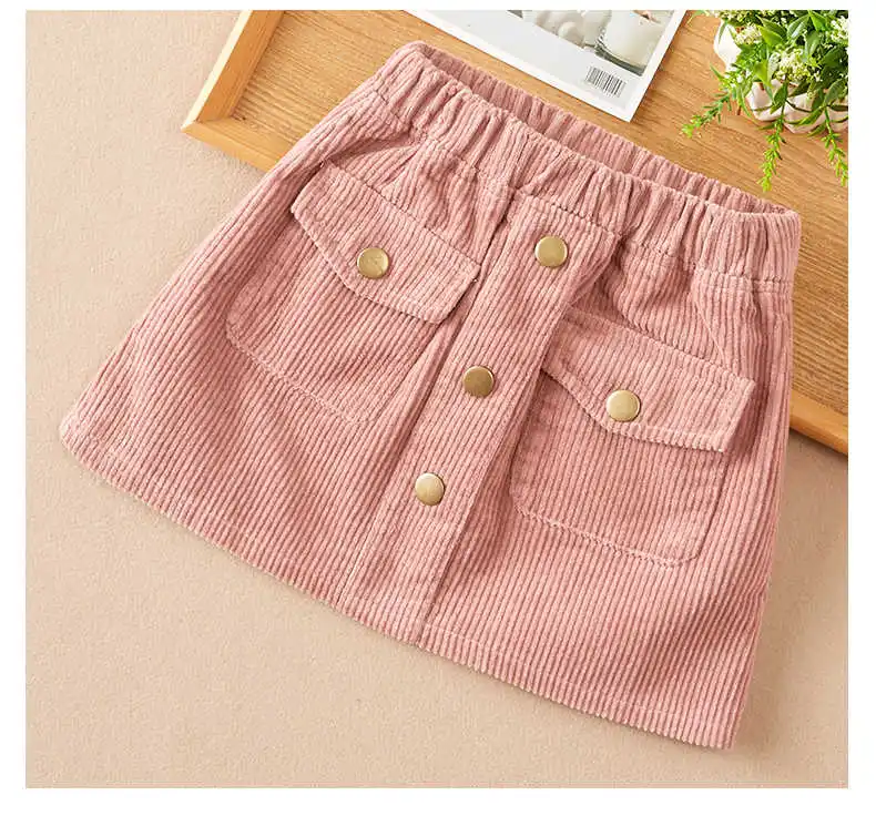 Fashion Kids Skirt School Girls Corduroy Skirt Button Design Pockets Korean Kids Clothes Teenager Children\'s Clothes Girl Skirts