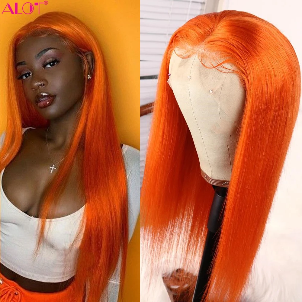 

Orange Wig Bone Straight 13x6 Lace Front Human Hair Wigs Pre Plucked Glueless Orange Ginger Transparent Lace Frontal Wig 150%