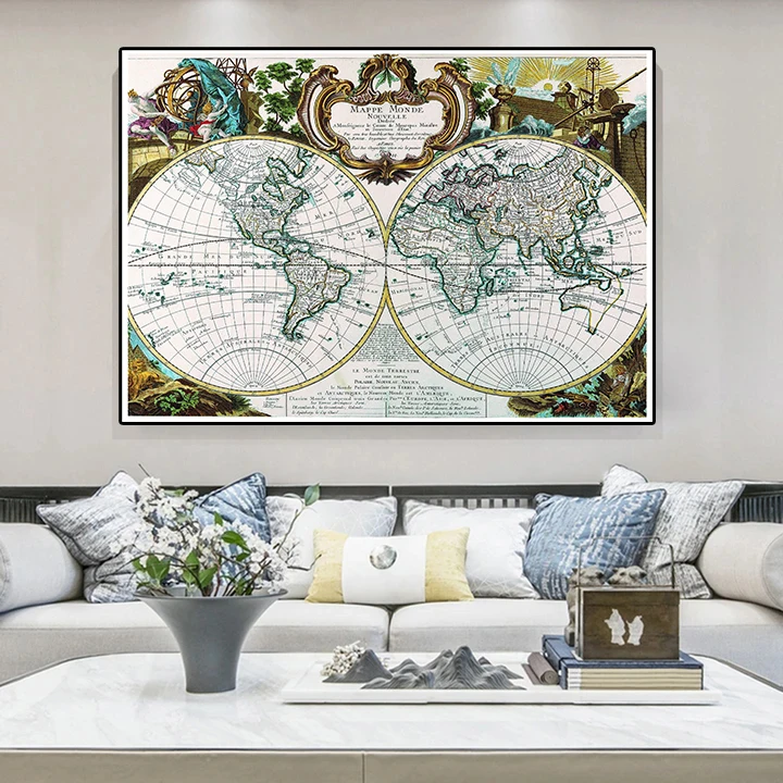 90X60Cm Retro Thế Giới Quả Cầu Bản Đồ Trang Treo Tường Vintage Trang Trí Hình Dán Tường Thẻ Phòng Khách trang Trí Nhà Cửa