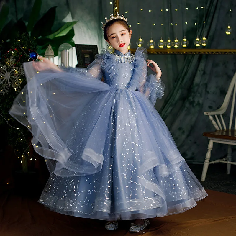 2024 Designer Kids Long Purple Tulle Sequins Dress Girls Wedding Party Show Ball Gowns Teenagers Birthday School Dance Dress