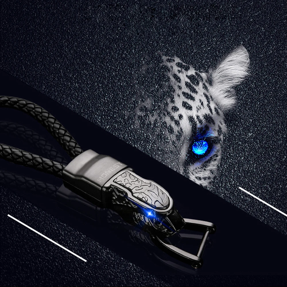 High Quality Boxed  Car Keychains Luxury Creative Leopard Head Metal Key ring Portable Leather Cord Key chain