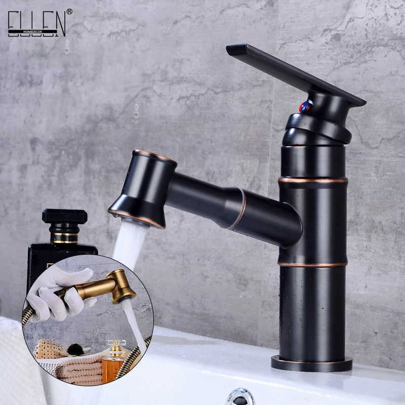 

Basin Faucet Pull out Bathroom Sink Water Mixer Crane Copper Antique Bronze Chrome Finished Bath Faucets Deck Mounted EL2201