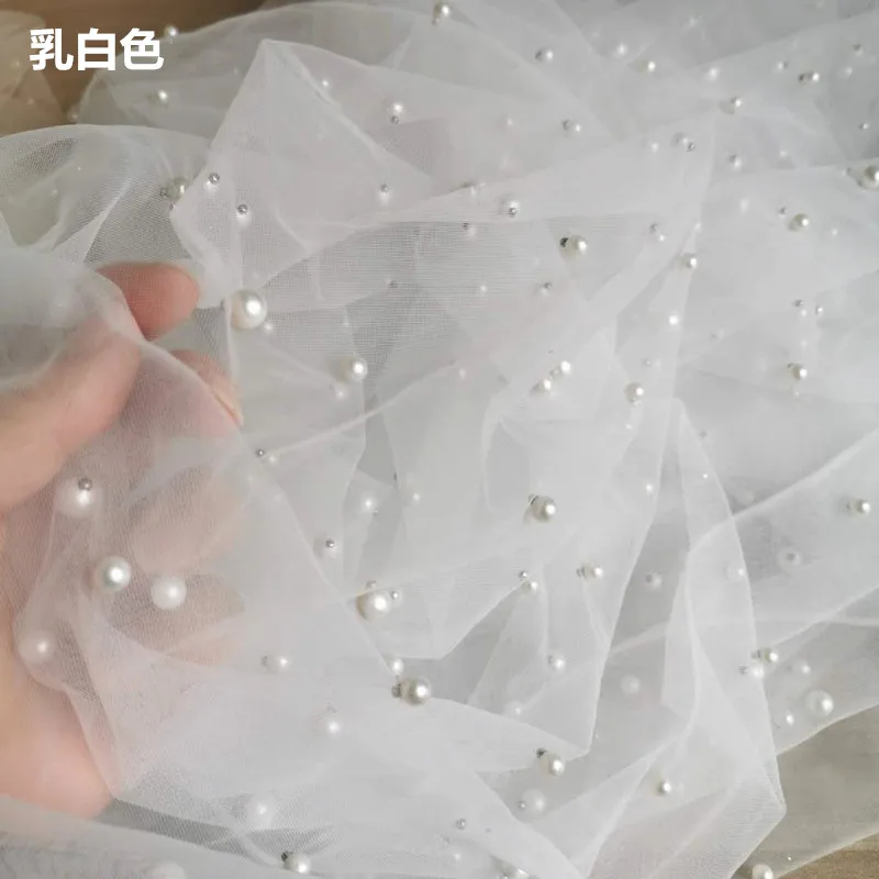 3Meters Wide(Height) Netting Tulle Mesh Lace with Big&Small Pearls Off White Wedding Veil Lace Good Quality 1Meter Price