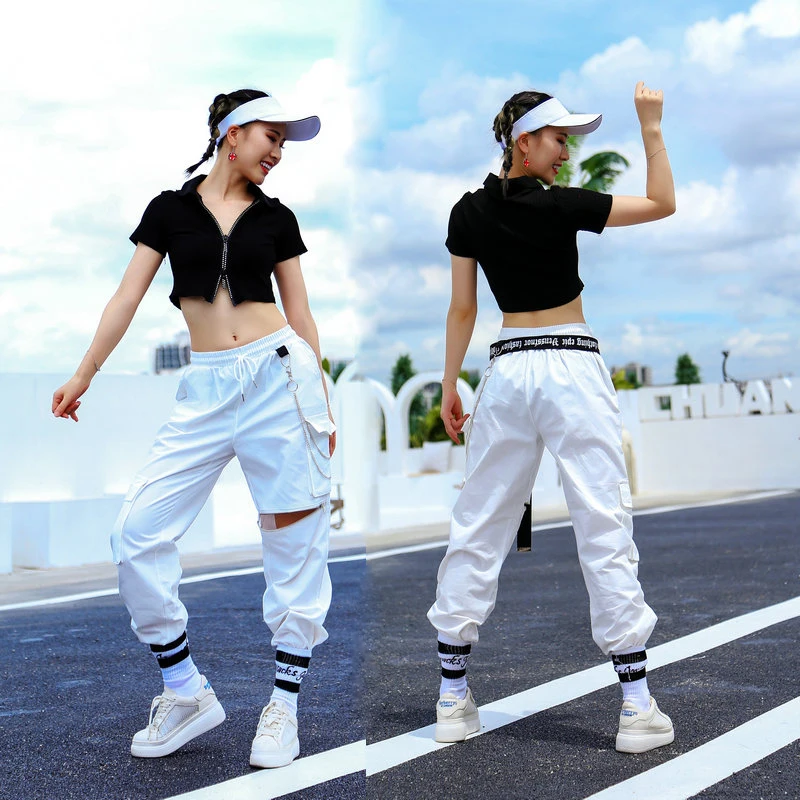 Jazz Dance Costumes Women Hip Hop Clothing Black Fake Two-Piece Navel Vest Cargo Pants Rave Outfit Street Dancewear XS2197 98