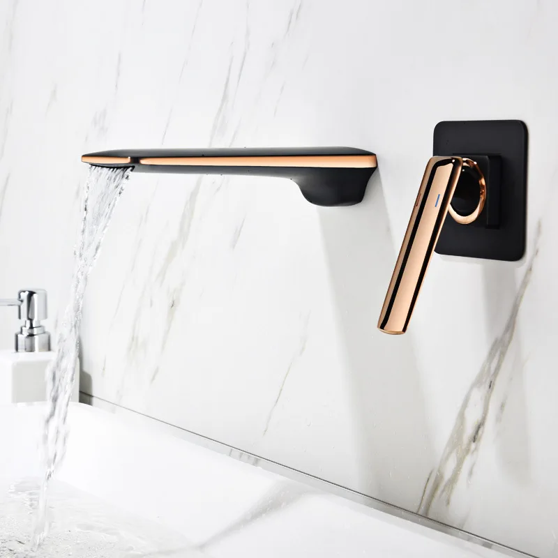 

MTTUZK Wall-mounted Concealed Waterfall Faucet Matte Black Basin Faucet Brass Hot and Cold Water Washbasin Mixer Split Tap